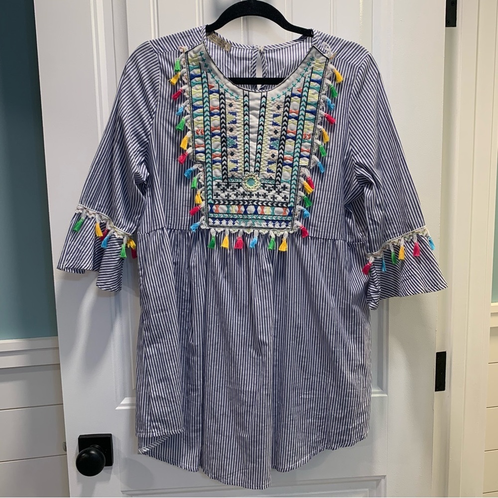 Anandas Large Multi Color Tunic Top with Tassels.